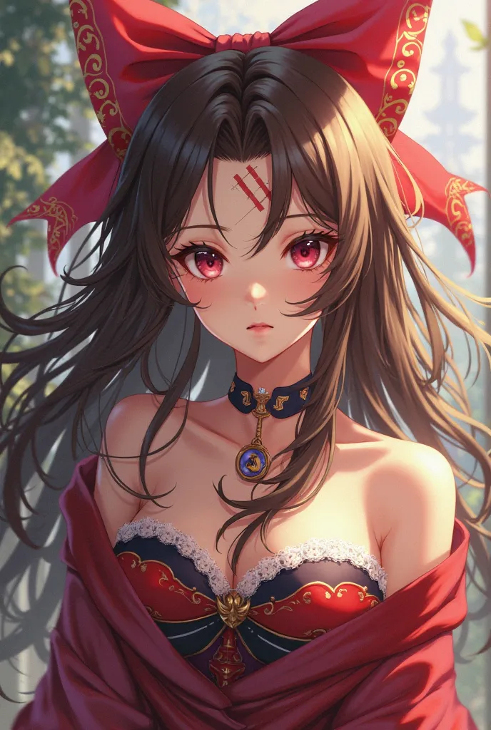 Anime female, brown hair, red bow, mature, scar on forehead 