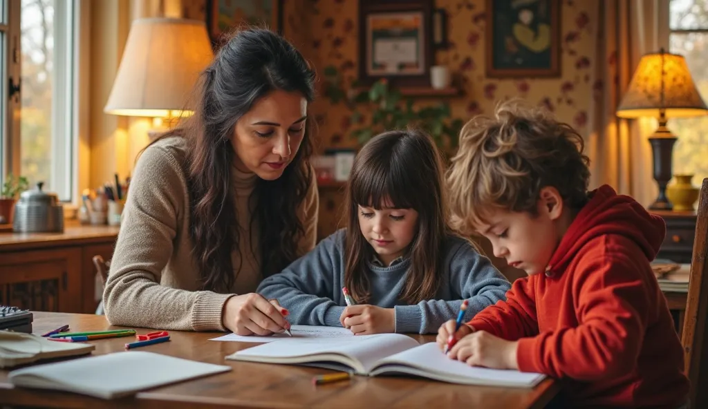 Inside a cozy, warmly lit dining room, Alicia sits at a wooden table, attentively helping her daughter, Emma, with her homework. Alicia is a 34-year-old woman with long, wavy dark brown hair, pulled back loosely with a few strands framing her tired but gen...