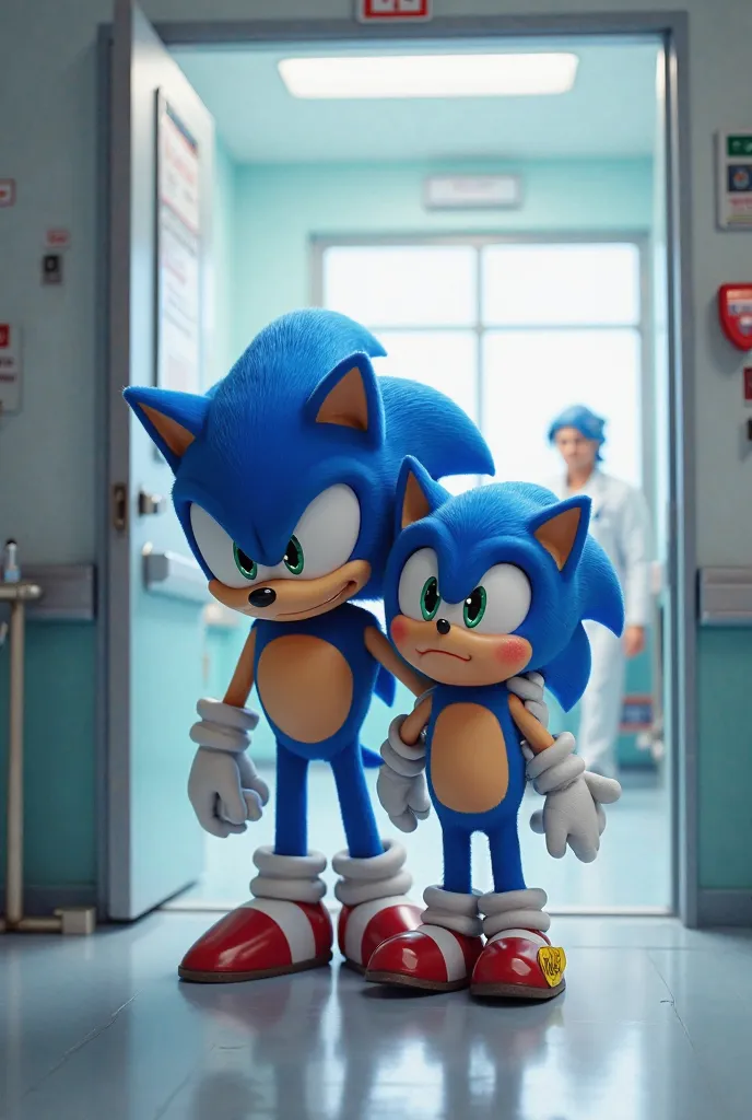 Sonic arriving with his son at the hospital sick