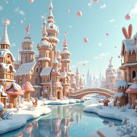 Please create a winter rabbit city that feels like it was designed in 3D. There are no rabbits because I will insert them manually.