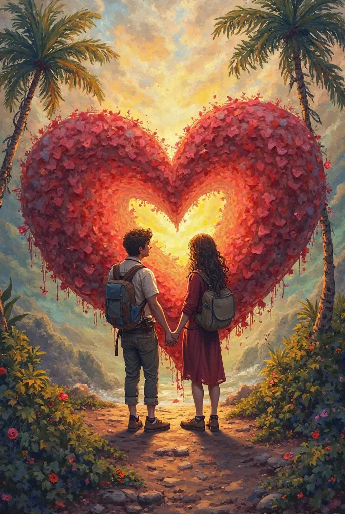 /imagine prompt: "Hearts in Connection: Adventure Beyond Borders, a vibrant and emotional scene that portrays intertwined hearts in an adventure setting, with elements of nature and different cultures. The image should look like a hand painting, rich in te...