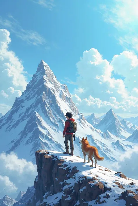 An anime with a brown wolf next to him at the top of a mountain
