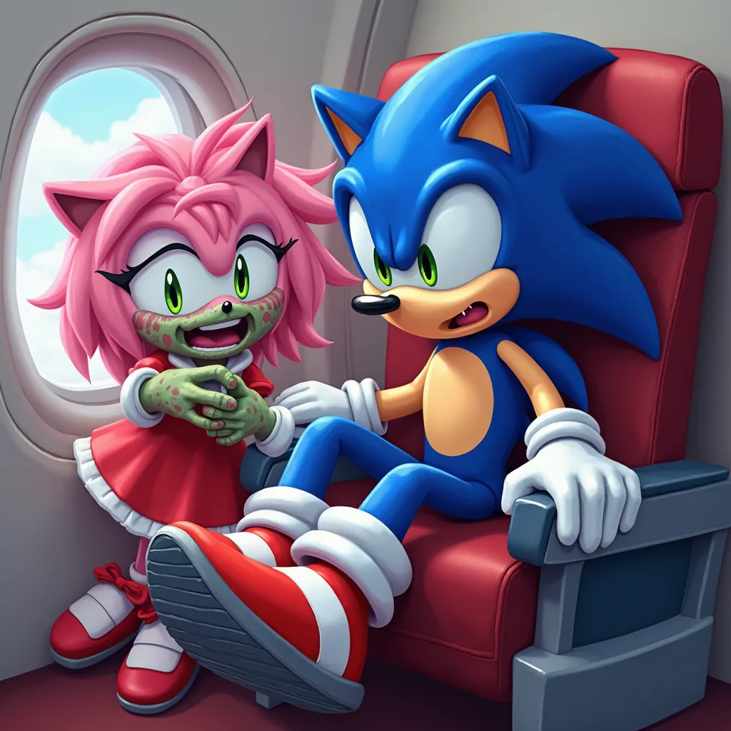 A  sonic, sonic is a blue hedgehog, he is in an airplane chair, he is very surprised, next to him there is an amy rose, amy rose is an adult pink hedgehog, amy rose turned into a zombie, amy rose is going to attack sonic