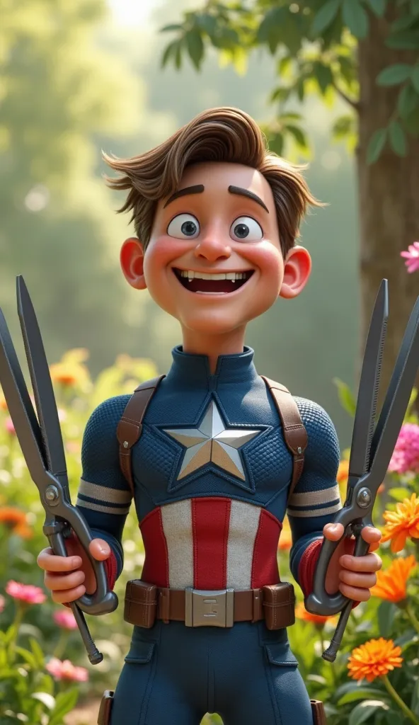 A highly detailed 3D-rendered scene set in a vibrant garden with lush greenery and colorful flowers in the background. Captain America is in the foreground, holding a comically large pair of scissors with both hands. His expression is one of joy and enthus...