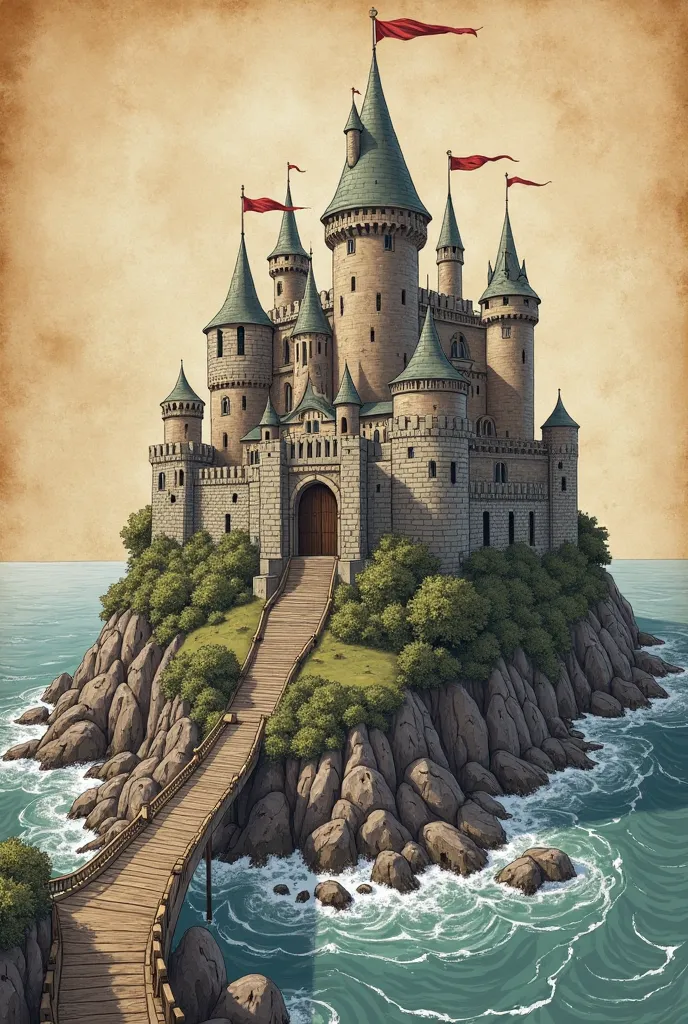 A detailed medieval fantasy castle with high stone walls, multiple towers with flags, and a grand central keep, drawn in a hand-sketched, inked style. The castle is surrounded by a fortified wall with a wooden drawbridge leading to the main gate. The setti...