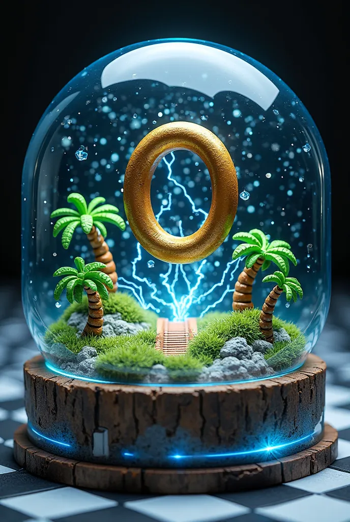 A highly detailed, realistic transparent resin snow globe lamp. Inside, a golden ring floats above a loop-de-loop track, with pixelated grass and palm trees surrounding it. Tiny blue sparks of electricity crackle around the ring. The base is checkered grou...