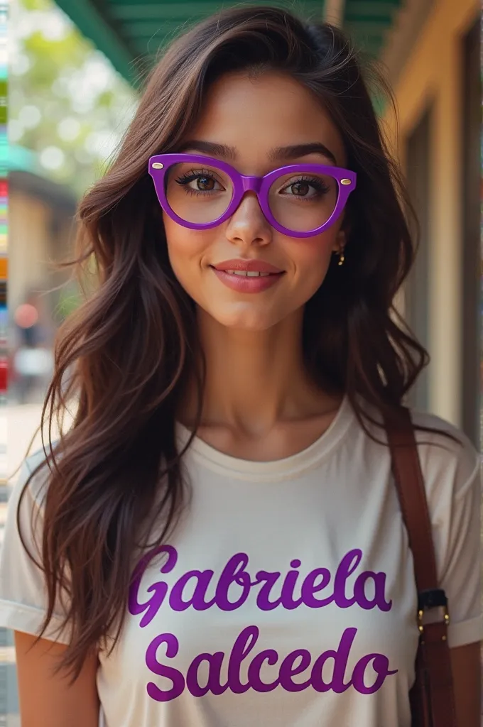 A girl with not so fair skin with glasses and light eyes. Long dark brown hair and a little chubby. On her shirt it says Gabriela Salcedo. She has purple glasses and a purple shirt