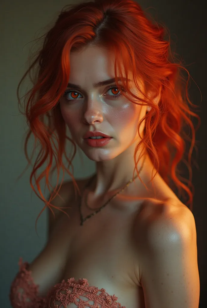 Make a woman without clothes with red hair,red eyes