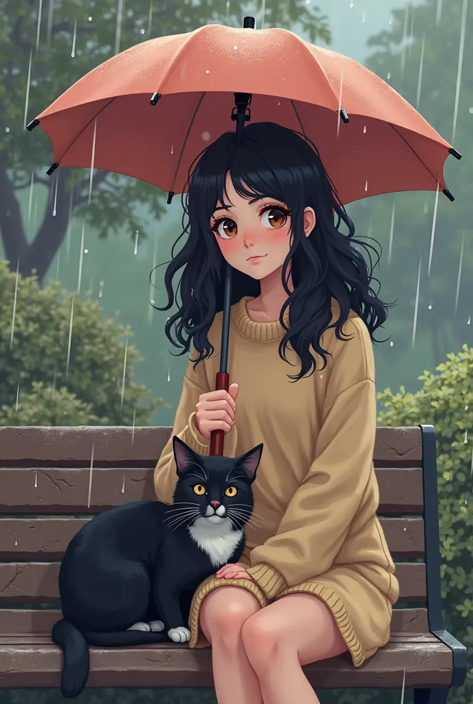 A 20-year-old girl with wavy black hair, fair skin, and brown eyes, wearing a cute soft sweater, holding an umbrella. She sits next to a cat on a bench, using the umbrella to shield both herself and the cat from the rain. The cat has all-black fur and brow...