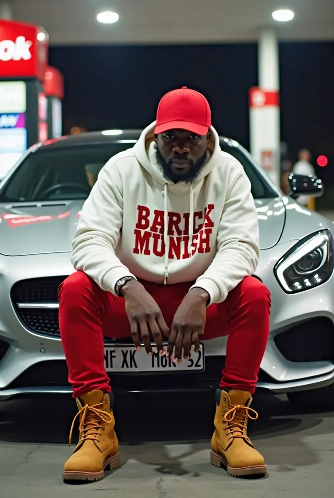 A black american man weared red cap sits casually at a gas station, showcasing stylish tan work boots. They wear a white red long-sleeve hoodie written “BARICK MUNISH”and a cap turned backwards, with a slight focus on their hand gesturing forward. A sleek ...