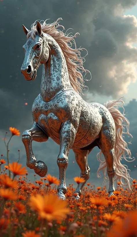 A highly detailed CGI image of a majestic, ornate horse with an intricate, metallic armor-like design. The horse has a flowing, wavy mane and tail, both resembling liquid metal. The background features a dark, stormy sky with scattered clouds, and the fore...