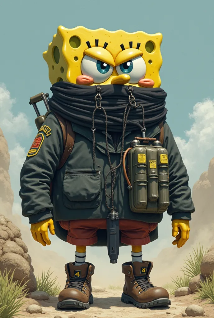 Serious terrorist  sponge Bob going to war with  hijab and a long beard with c4 jacket and hiking boots 