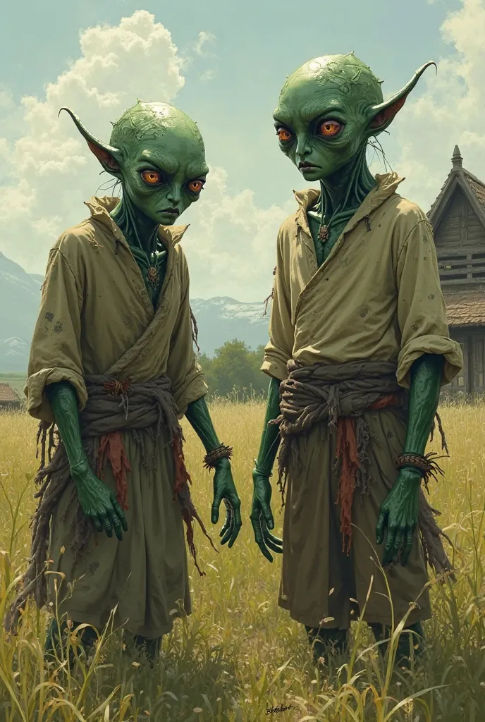 The Discovery of the Green ren
"Two peasants find two mysterious ren in a field near the village. The ren have greenish skin, frightened eyes and wear worn and unusual clothes. The peasants look at them with expressions of amazement and fear."