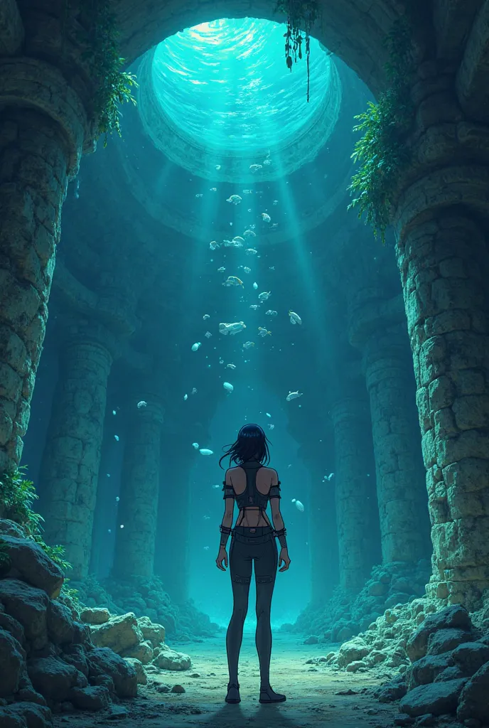 manga style, female Asian archaeologist in modern diving suit, discovering glowing crystal tablet in underwater ancient ruins, bioluminescent sea life, detailed underwater archaeology site, mysterious ancient technology, atmospheric lighting, studio ghibli...