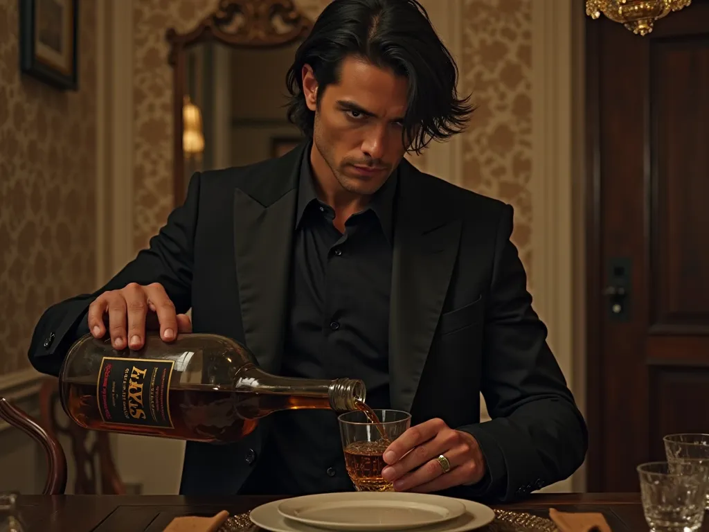 handsome american man with brown eyes, black fade hair, wearing a menacing black shirt and black suit. seen with his back turned to the console table next to the dining room table of a mansion, pouring his glass from a glass whiskey bottle. scene poster ci...