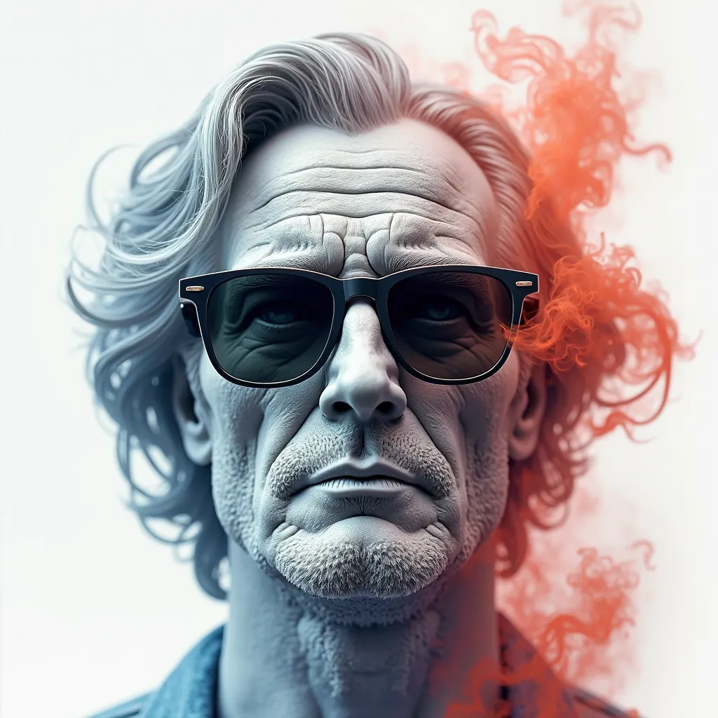 
Create an image of a man's face, With statue texture,  the hair waving ,  wearing sunglasses , with colorful smoke all around your face, The image has a completely white background