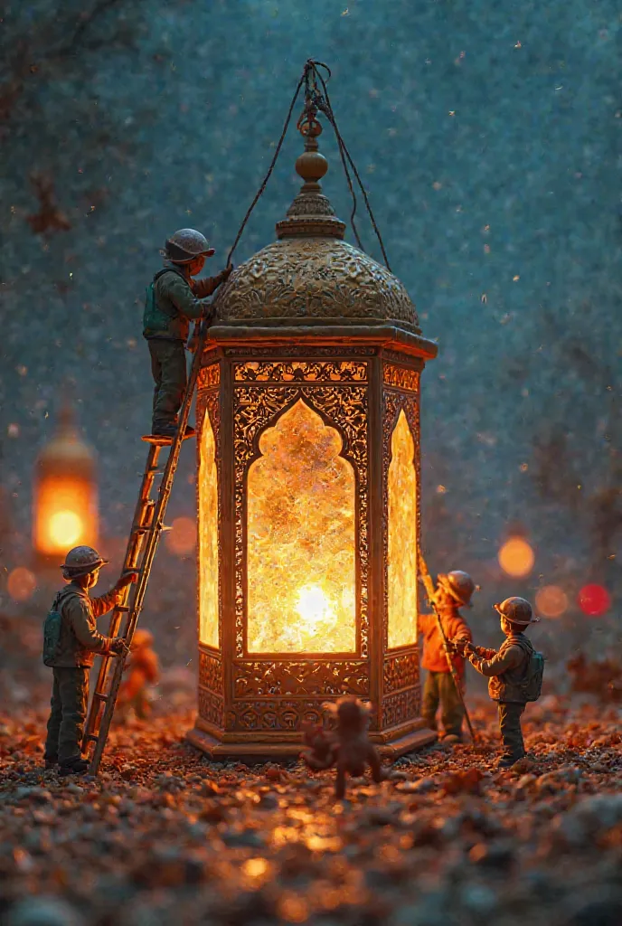 . "A team of tiny workers is constructing a giant Ramadan lantern. Some are climbing ladders, others are painting intricate patterns, while a group carefully assembles the glass panels, making the lantern glow from within."
