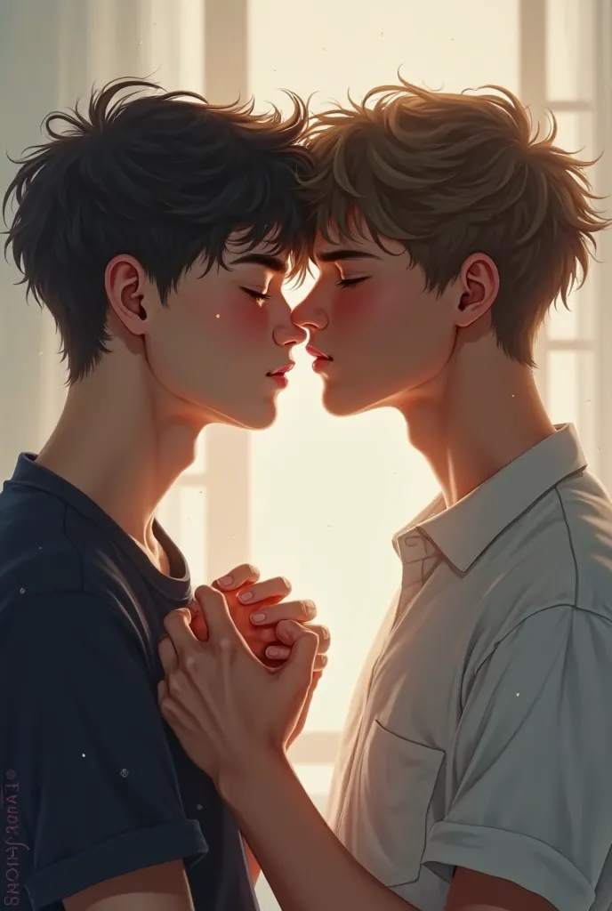 Create an image of two 18-year-old boys kissing 