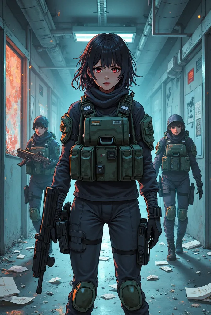 manga action scene, tactical team in advanced armor, breaking through laboratory windows, female protagonist in defensive stance, scattered research papers, dynamic action poses, detailed environmental destruction, night scene with emergency lights --ar 16...