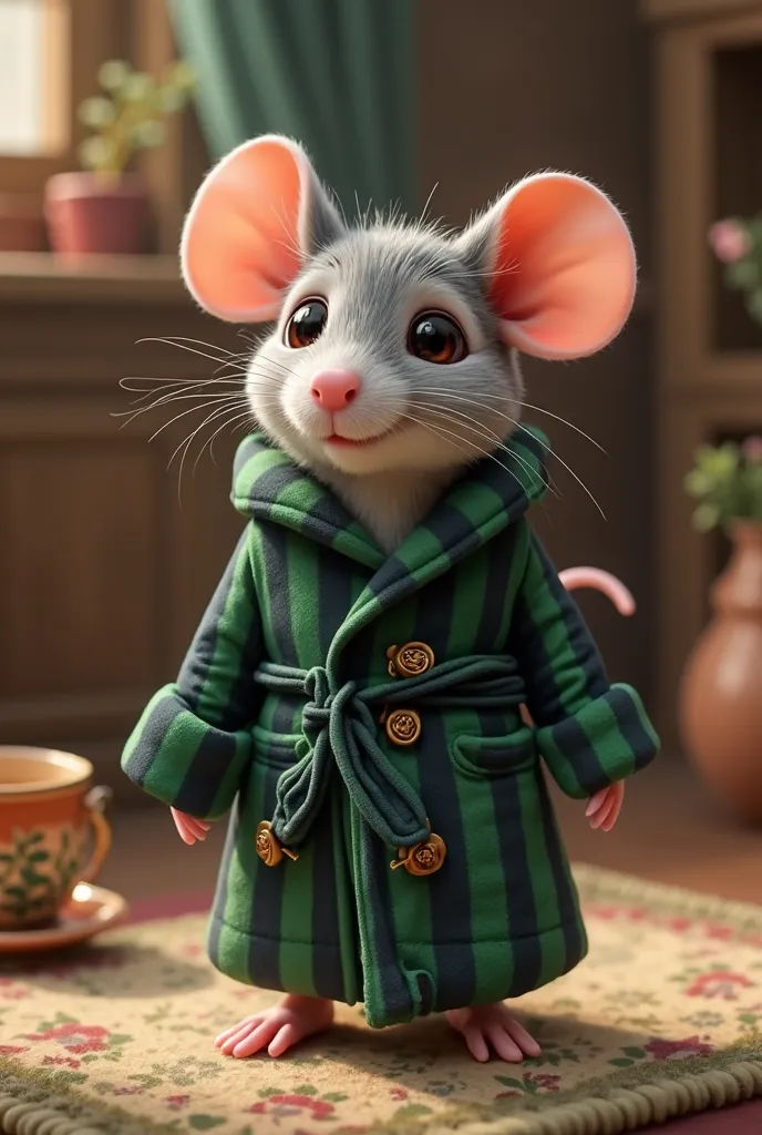 Make me the image of a mouse with a black and green striped dressing gown 