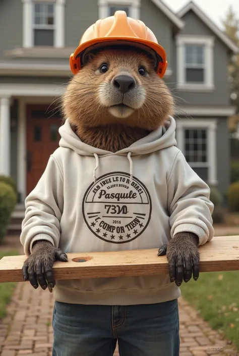 MAKE A BEAVER WITH A WHITE SWEATSHIRT WITH A ROUND LOGO WRITTEN BY PASQUALE FLOORING WITH CONSTRUCTION HELMET AND CARRYING A WOODEN FLOOR IN FRONT OF AN AMERICAN-STYLE HOUSE