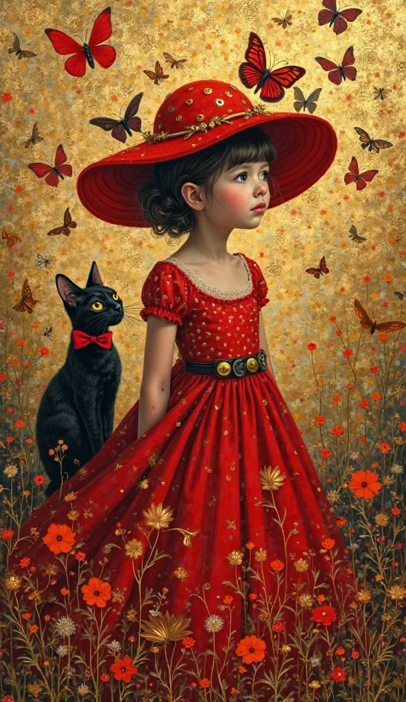 Gustav Klimt-inspired fairy tale, young girl adorned in a vibrant red dress, captured in acrylic paint, gold leaf embellished backgrounds, sporting a fly agaric hat with exaggeratedly large buttons, red butterflies orbiting, accompanied by a wistful black ...