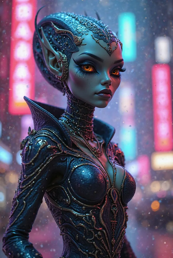 alien superstar, elegant, people of color, animation style, 8K, highly detailed, photorealistic, masterpiece, intricate facial features, confident expression, dynamic posture, glowing skin, elaborate jewelry, futuristic costume, alien physiology, neon-lit ...