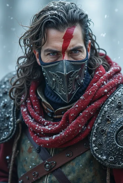 a renegade prince, with a metallic left arm, runes in red contrasting with the cold and dark steel, with medieval clothes that are warm against the cold, face with a scar on the forehead passing through the eye to the cheek, a cold mask with the symbol of ...