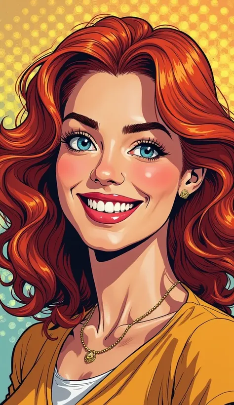 A comic book style illustration of an adult American woman, smiling. Half-body image. with red hair