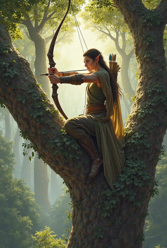 Male elf with bow and arrow high in a tree