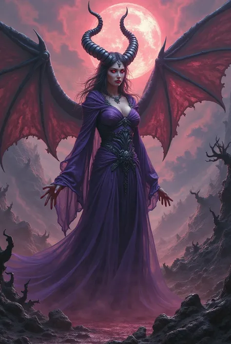 (photorealism:1.2),  demonesse dressed in purple surrounded by demons and femoniav s with wings and horns