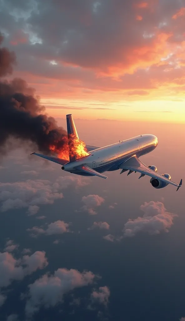 "A large commercial airplane flying through the sky at high altitude, with one of its engines on fire, producing thick black smoke. The sky is a mix of warm and cool tones, resembling a sunset with orange, pink, and blue hues. The airplane appears to be in...