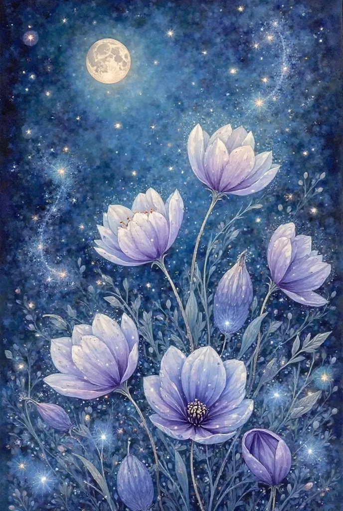 

"
---


"A dreamy, celestial watercolor painting of enchanted winter flowers glowing under a twilight sky. The composition includes soft blue and lavender cyclamen, ethereal white snowdrops, and frost-kissed hellebores in dusky purples. The petals shimme...