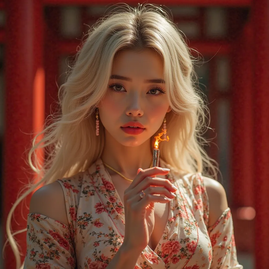 Female sexy blonde hair mid-length makeup Chinese dress with handmade electric cigarette with red zen temple background