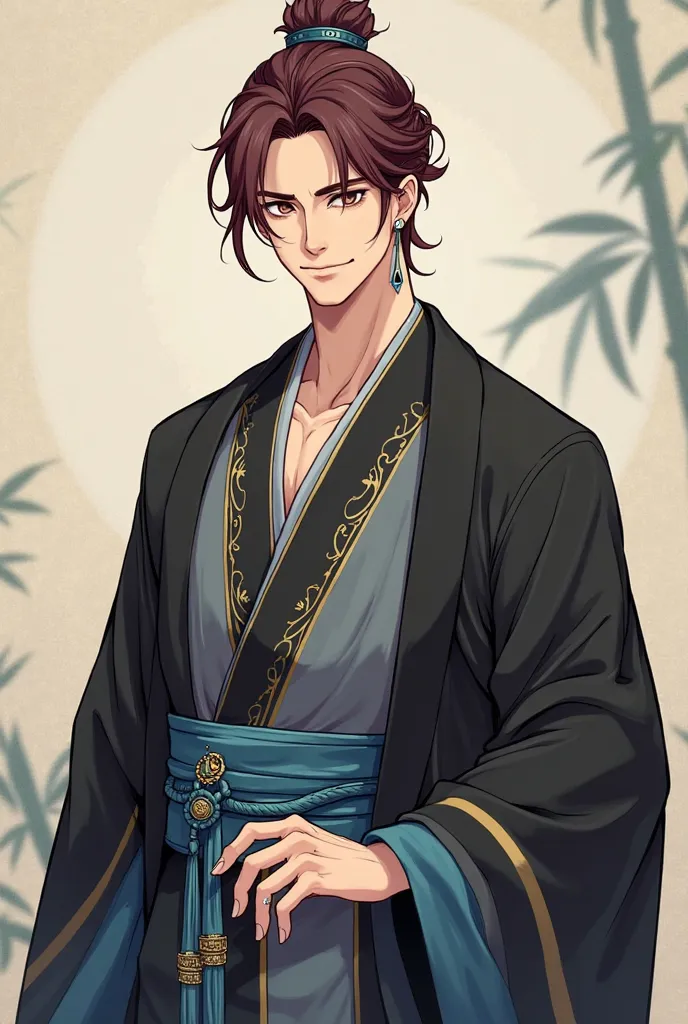 general description:

Illustration of a handsome man in oriental style with a serene expression and an elegant wardrobe that combines traditional and fantasy elements. The character has a noble and enigmatic air.

 Visual Details:

rostro:

hair: dark redd...