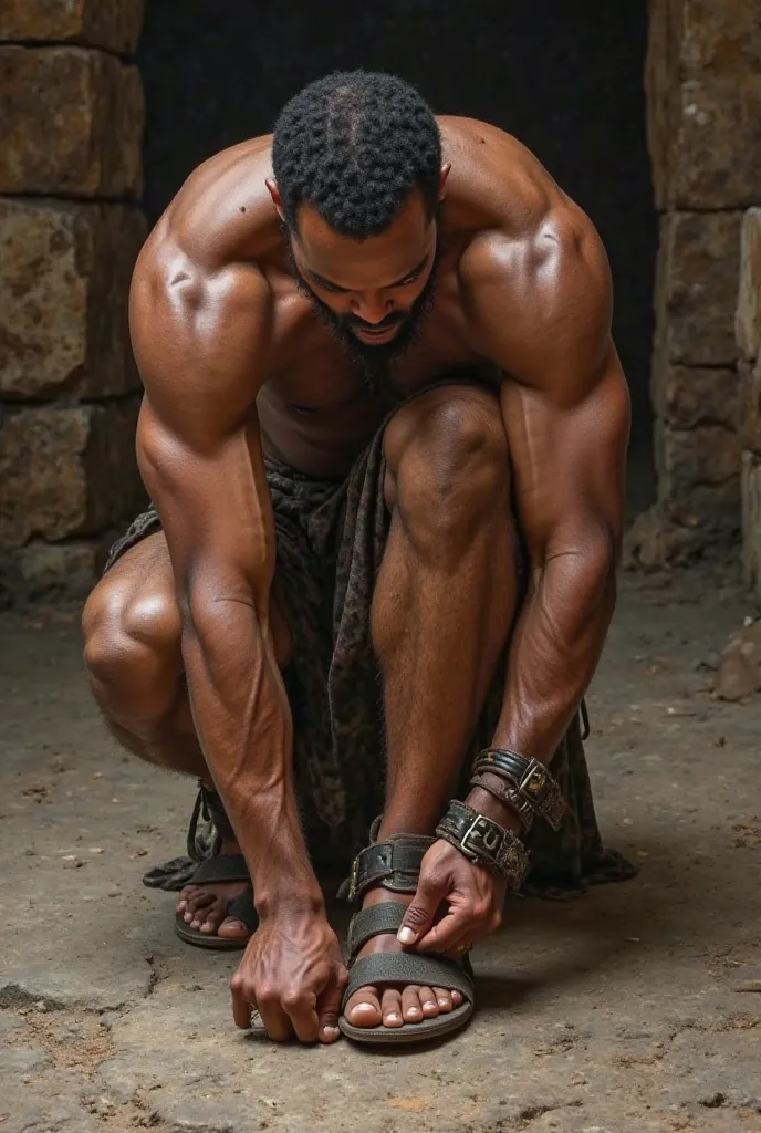 Enlil kneels down, his powerful frame bending slightly as he looks down at his feet. The cold stone floor is rough beneath him. He reaches for his sandals, the leather worn but strong, and adjusts the straps around his ankles. His hands are steady and sure...