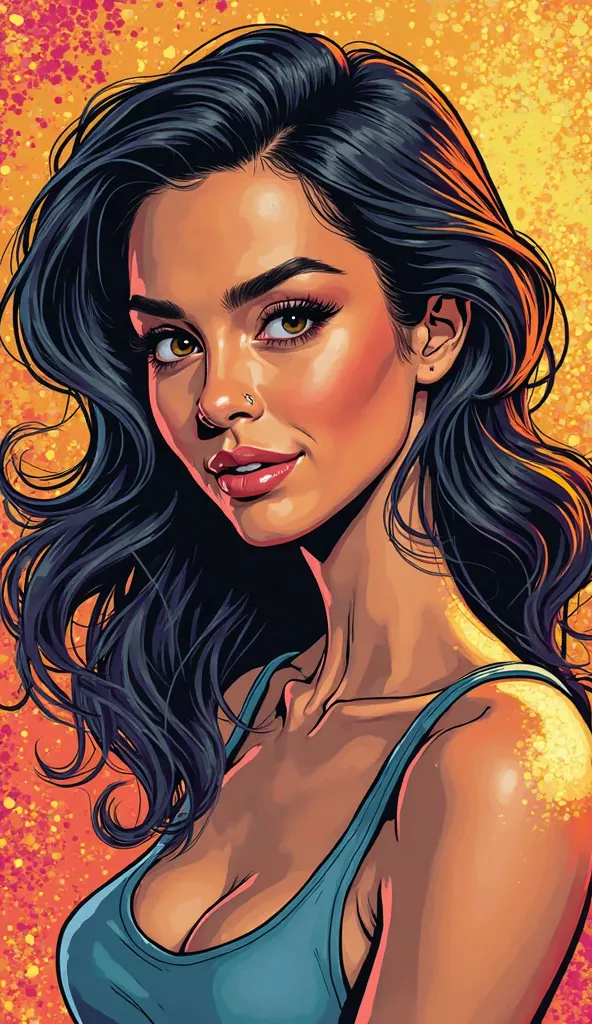 A comic book style illustration of an adult American woman, Discreet smile. Half-body image. very colorful and vibrant background