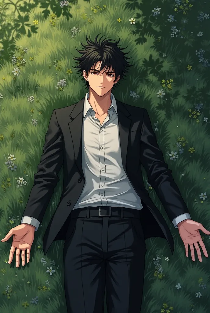 A 23-YEAR-OLD BOY WITH MOLE SAMURAI HAIR IN A BLACK SUIT STRETCHED OUT ON THE GRASS 
 Hands open, picture from above, face clear.
 Not animated.