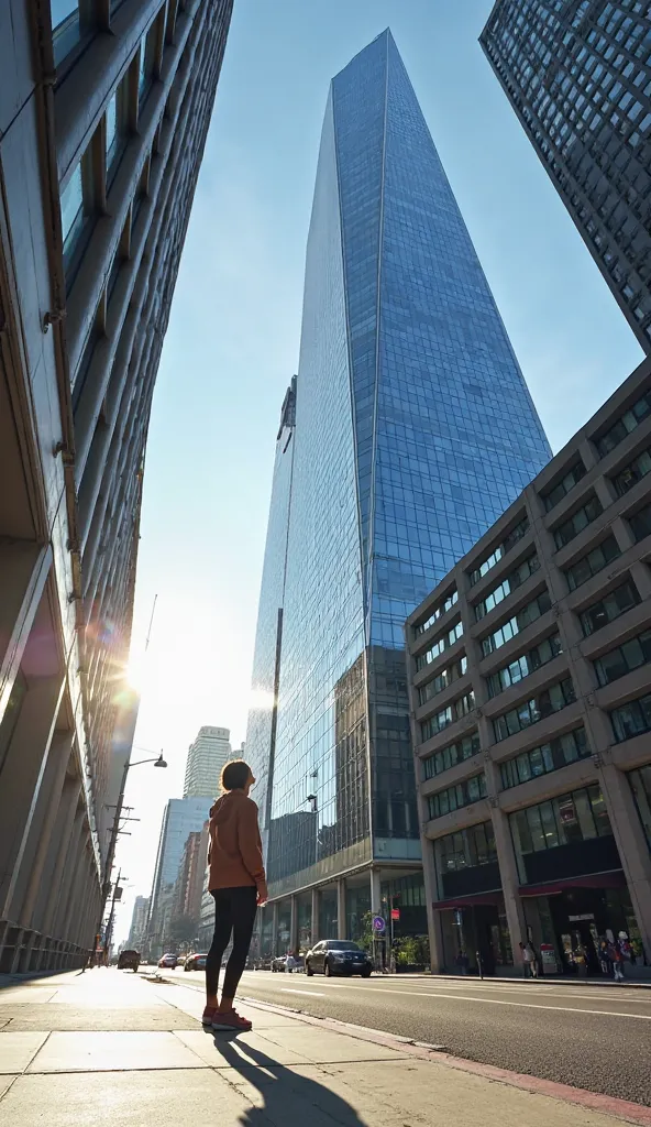 POV: I stand on the sidewalk, looking up at the towering modern building in front of me. Its sleek glass windows reflect the clear blue sky, and the sharp, clean lines of the structure stand out against the horizon. My hand rests at my side, feeling the co...