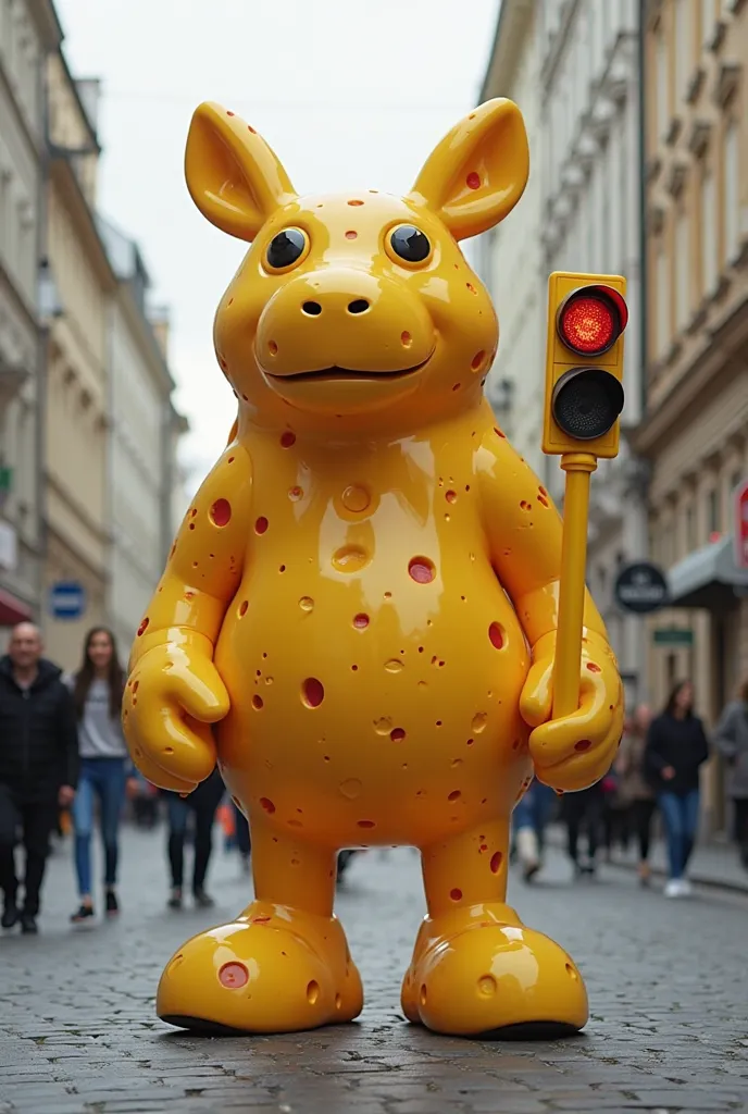 A funny riboceronte with a body made of cheese, a traffic light instead of a horn and with 2 huge feet instead of legs, This Rinocerte must be in the center of a street with so many people who look at him in amazement