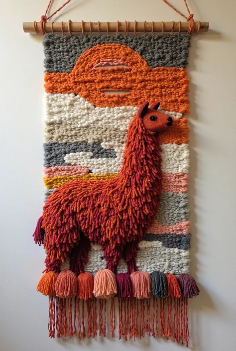 30 x 20 cm vertical loom with cotton threads and llama in terracotta and red colors with a contemporary artistic design