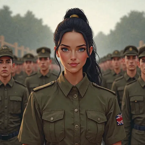 Realistic face illustration of a 28 year old British girl, porcelain skin, detailed features, intense blue eyes, long jet black hair done in a high ponytail. She is standing facing forward, smiling and has her military uniform on. She is surrounded by many...