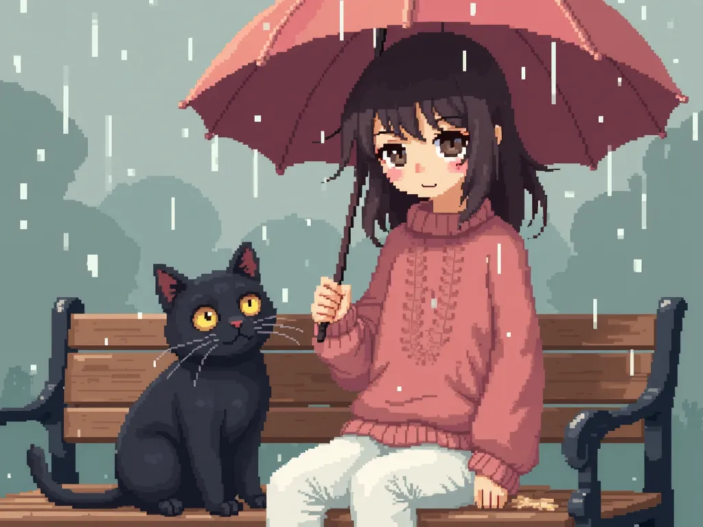 I want a completely pixel art image. The image should be as follows: A dark brown-haired, fair-skinned, brown-eyed girl in her 20s with sharp facial features is wearing a loose pink sweater and white pants. She sits on a bench next to a slightly chubby, bi...