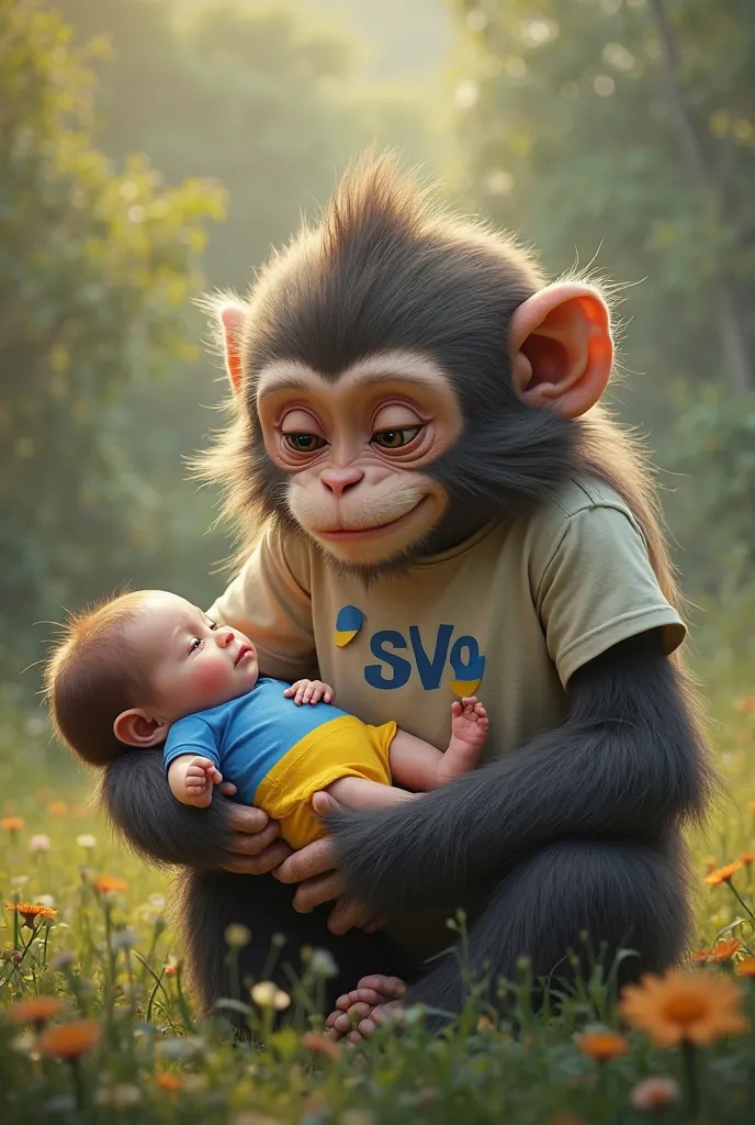 a monkey in a T-shirt with the inscription “SVO” holds a newborn in a T-shirt with the flag of Ukraine