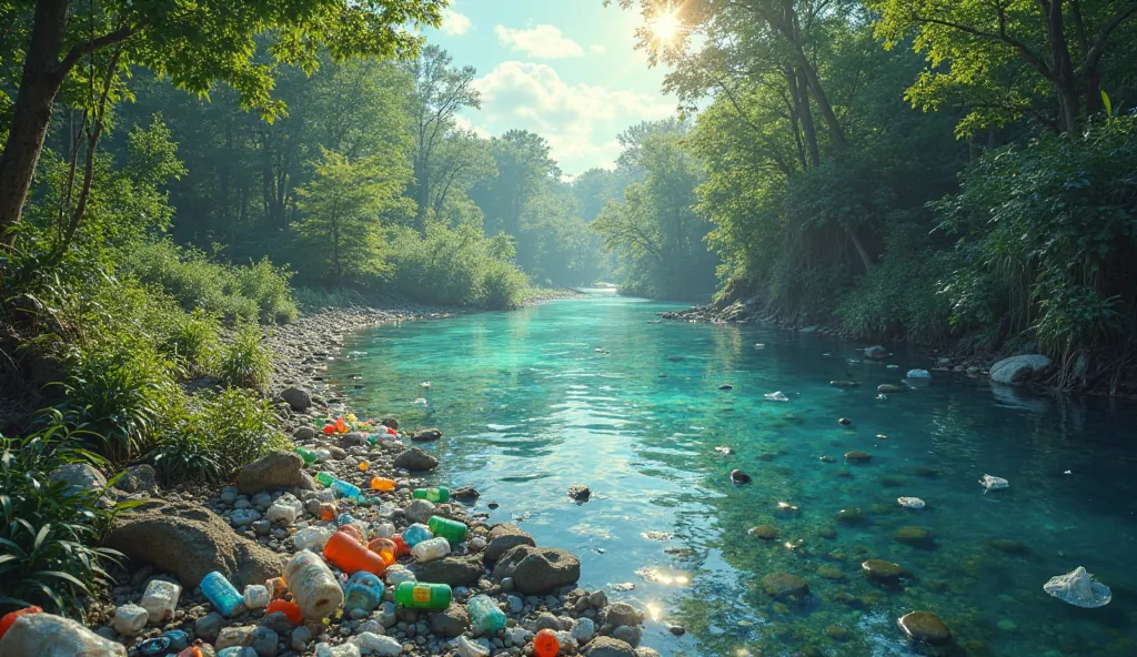 Create a hyper-realistic digital artwork depicting a pristine natural landscape overtaken by plastic waste. Imagine a lush forest or a serene riverside scene where vibrant greenery and clear blue water starkly contrast with scattered plastic bottles, bags,...