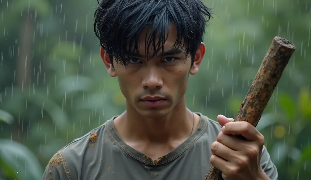 A 20-year-old eldest son with a handsome face, strong jawline, and slightly muscular build. His messy black hair falls over his forehead, damp from the rain. His sharp eyes, filled with sorrow and burning revenge, stare coldly ahead. He wears a worn-out gr...