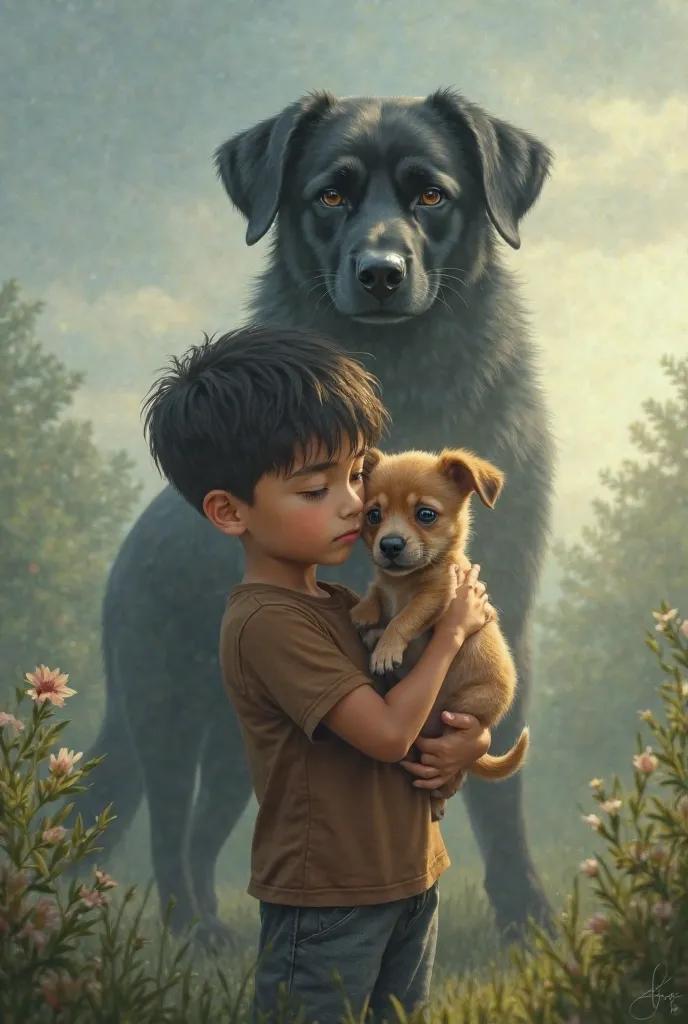 boy hugging a brown puppy and a deceased black dog watching from the sky