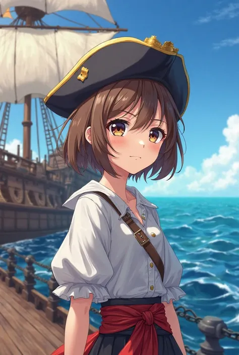 A thirteen-year-old anime girl who is smiling and who is dressed as a pirate and who has brown hair in a bob and who looks at the sea on her galleon and the girl is smiling and determined