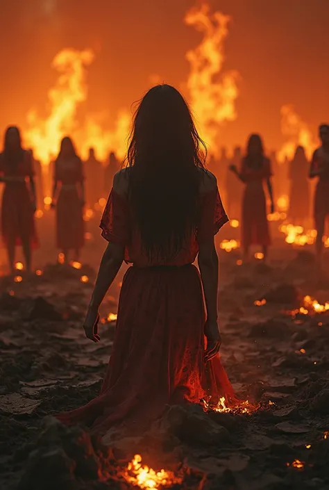 Hermosa chica con cabello largo y ondulado, vestido bohemio, sosteniendo Countless lost souls kneel in despair, their skeletal forms silhouetted against the flickering flames that erupt from the scorched earth. Some clutch their hands in desperate prayer, ...