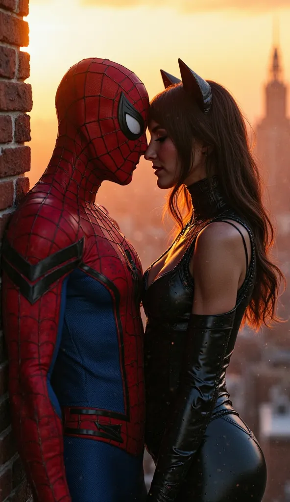 "A highly detailed and cinematic digital artwork of Spider-Man and Catwoman on a rooftop at sunset. Spider-Man is wearing his classic red and blue suit with a textured web pattern, leaning against a brick wall. leans in closely toward him, their faces inch...